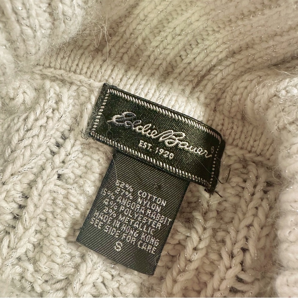 Eddie Bauer Vintage Cream & Silver Metallic Cable Knit Angora-Blend Sweater Sz S - Picture 3 of 12